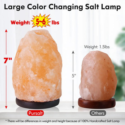Himalayan Pink Salt Lamp 7 Inches With Upgraded Remote Control And 16 Color Changing Modes USB Powered Large Crystal Night Light comparison image showing size and weight differences with another lamp.