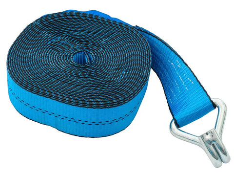 Heavy Duty Ratchet Straps 2 Inch By 30 Feet 10 Pack With Wire Hooks Blue Tie Downs 10,000 Lb Break Strength And 3,333 Lb Working Load Limit Per Strap For Trailers Trucks Cargo And Industrial Use displayed coiled with metal hook