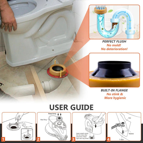 Installation guide for Extra Thick Toilet Wax Ring Kit With Flange And Bolts For Floor Outlet Toilets New Install Or Reseat Fits Three Inch Or Four Inch Waste Lines Ideal For Do It Yourself Plumbing Reduces Sewer Gas Smell And Leak Risk With Durable Brass Bolts showing toilet and pipe fitment.