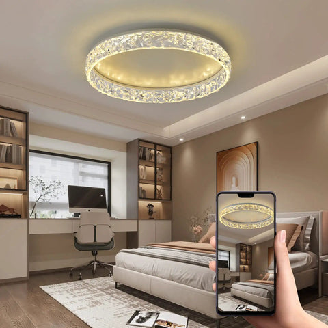 LED Flush Mount Ceiling Light Fixture For Bedroom, Living Room, And Dining Room, Dimmable White Modern Lamp with crystal shade in bedroom