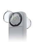 X3 Standard Removable Lens Guards on action camera showing snug fit, custom plastic design for 360 degree footage protection.
