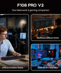 Full Size Wireless Gaming Keyboard With Massive 10000 Mah Battery And Smart Dot Matrix Display RGB Backlit Mechanical Keys For Mac PC Android Fly Through Spreadsheets In Dope Black Reaper Edition on a desk with a user typing.