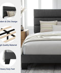 Queen Platform Bed Frame Built From Heavy Duty Metal And Solid Wood Features A Padded Upholstered Headboard For Quiet Nights rock solid structure handles eight hundred pounds with high quality materials.