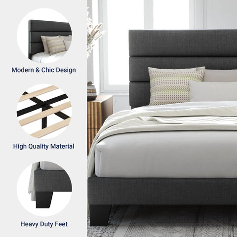 Queen Platform Bed Frame Built From Heavy Duty Metal And Solid Wood Features A Padded Upholstered Headboard For Quiet Nights rock solid structure handles eight hundred pounds with high quality materials.
