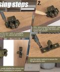 Installation steps for Heavy Duty Double Roller Cabinet Catch Set for furniture with silver finish and copper tone metal shell.