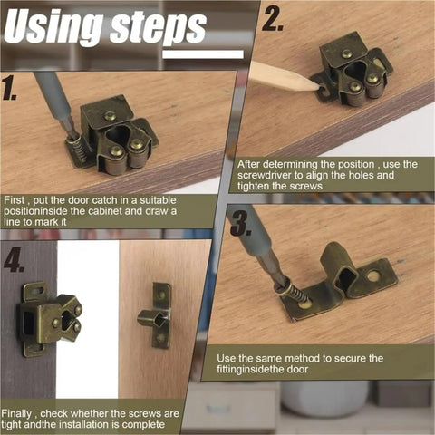 Installation steps for Heavy Duty Double Roller Cabinet Catch Set for furniture with silver finish and copper tone metal shell.