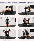Collage of exercises with Plate Loaded Upper Body Strength Trainer With Independent Arms Adjustable Backrest And Multi Grip Handles