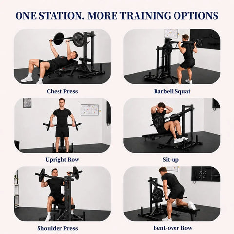 Collage of exercises with Plate Loaded Upper Body Strength Trainer With Independent Arms Adjustable Backrest And Multi Grip Handles