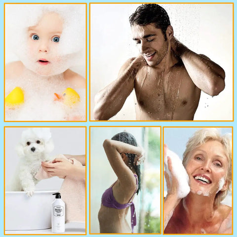 Various people and a dog enjoying showers and baths, depicting the comfort of using the wall mounted rain shower system.