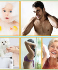 Collage of people and pets enjoying a bath, featuring a man under a shower and a child with bubbles.