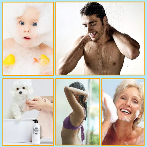 Collage of people and pets enjoying a bath, featuring a man under a shower and a child with bubbles.