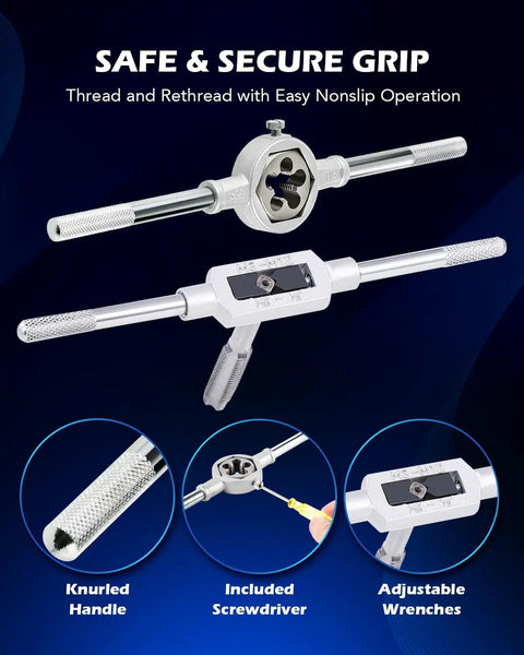 Metric Tap And Die Set Kit Pro Grade All In One With Long Handled Wrench And T Handles shown with screwdriver and thread gauge