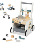 Dad Approved Solid Wood Toddler Walker Tool Table With Interactive Building Blocks Realistic Hammer Wrench Gear Station For Growing Hands And Brainy Play Light Gray showing activity workbench with gears and tools.