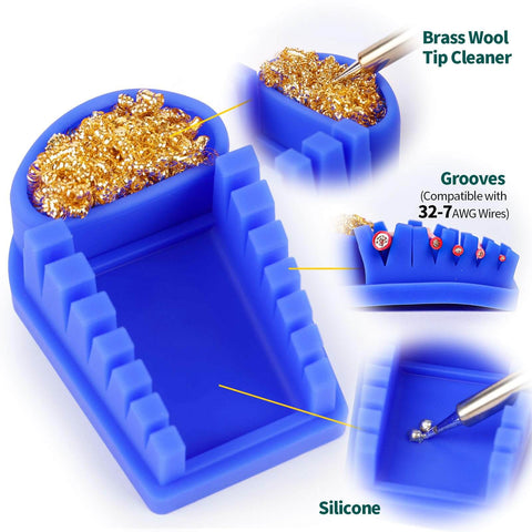 Blue Heat-Resistant Silicone Soldering Wire Holder With 6 Grooves, Brass Wool Cleaner, Storage Tray, Helping Hands Soldering Fixture For Wire Welding, Safe Hands-Free Soldering, Fits Wires 32-7AWG.