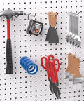 Slick Shop Pegboard Organizer And Hook Lock Kit With Heavy Duty Storage Bins To Keep Your Workbench Essentials Pliers Wrenches And Screwdrivers Properly Locked Down And Ready To Roll featuring assorted tools on pegboard.