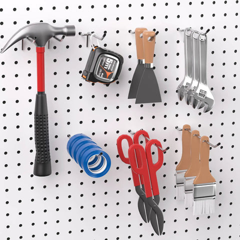 Slick Shop Pegboard Organizer And Hook Lock Kit With Heavy Duty Storage Bins To Keep Your Workbench Essentials Pliers Wrenches And Screwdrivers Properly Locked Down And Ready To Roll featuring assorted tools on pegboard.