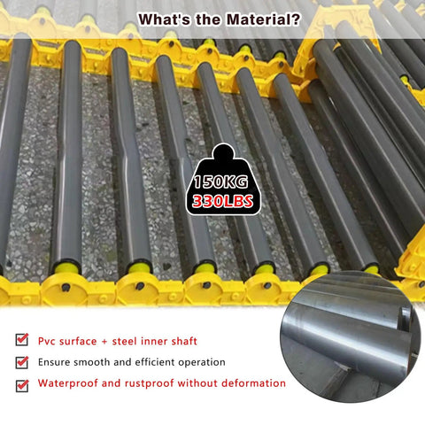 Heavy Duty Portable Conveyor Rollers With Hella Sturdy Build Carrying 330 Lb Loads, PVC surface and steel shafts for efficiency.
