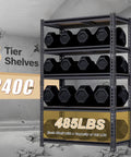 Adjustable Garage Storage Shelves Heavy Duty Metal Shelving Unit with weights, 5-tier, 2400 lbs capacity, black color.