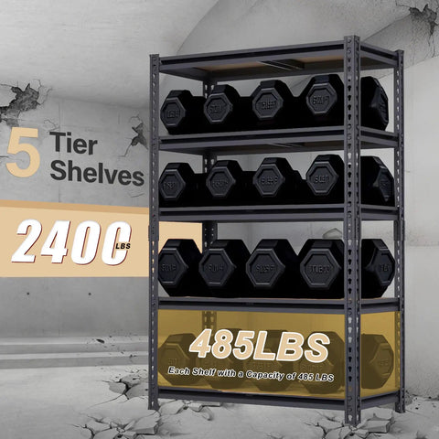 Adjustable Garage Storage Shelves Heavy Duty Metal Shelving Unit with weights, 5-tier, 2400 lbs capacity, black color.