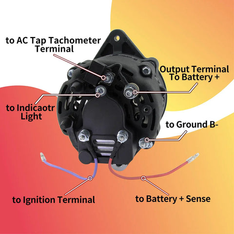 Rear view of Penta Alternator Replacement For 2.5L To 9.4L Marine Engines with terminal labels for OMC Pleasurecraft setups.