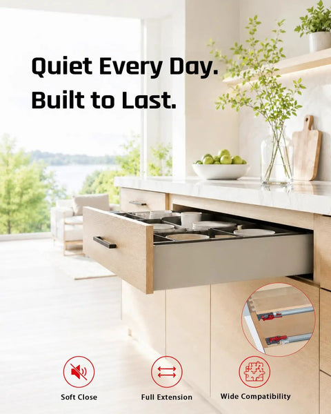 Heavy Duty 21 Inch Undermount Drawer Slides With Soft Close Full Extension Cabinet Hardware Rock Solid Smooth Ride Quick Install Top Shelf Quality For Kitchen Drawer Refresh Project, displayed in modern kitchen.