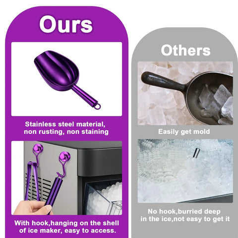 Purple Heavy Duty Ice Scoop For Freezer With Magnetic Hook displayed with ice tongs made from premium 304 stainless steel.