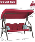 3 Seat Outdoor Porch Swing With Stand And Canopy, 2 In 1 Porch Swing Bed And Patio Chair For Adults, Includes Extra Pillows And Cup Holder, Stable Rust Resistant Frame, Wine Red Yard Swing with dimensions and weight capacity highlighted