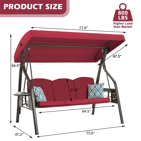 3 Seat Outdoor Porch Swing With Stand And Canopy, 2 In 1 Porch Swing Bed And Patio Chair For Adults, Includes Extra Pillows And Cup Holder, Stable Rust Resistant Frame, Wine Red Yard Swing with dimensions and weight capacity highlighted