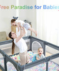 Mother and toddlers enjoying Monster Sized 71 By 59 Inch Baby Playpen For Toddlers Indoor Outdoor With Gate and Safe Play Yard