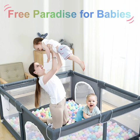 Mother and toddlers enjoying Monster Sized 71 By 59 Inch Baby Playpen For Toddlers Indoor Outdoor With Gate and Safe Play Yard