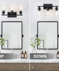 Top Shelf Matte Black Three Light Bathroom Vanity Fixtures With Clear Glass Shades Knockout Modern Farmhouse Wall Sconces mounted above and beside mirror.