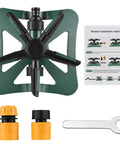 360 Degree Rotating Lawn Sprinkler With 5 Arms And 20 Nozzles, No Power Needed Auto Watering System, components and manual