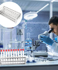 Premium Aluminum Test Tube Rack Stand For Lab Safety Small Test Tubes Metal Holder with glass vials in laboratory setting.