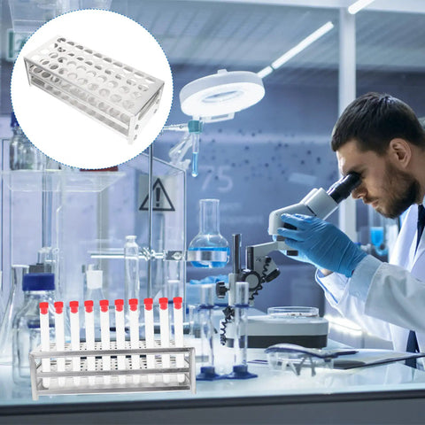 Premium Aluminum Test Tube Rack Stand For Lab Safety Small Test Tubes Metal Holder with glass vials in laboratory setting.