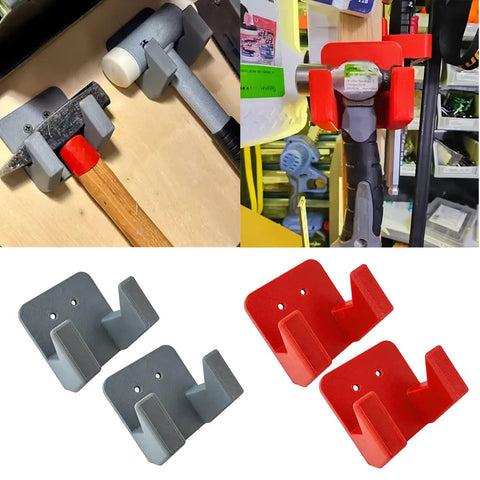 Dual Hammer Holder Wall Mount Set for Garage and Workshop, Heavy Duty Storage Rack With Two Screw Hole Brackets in red and grey