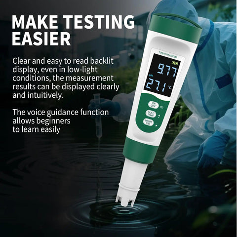 Scientist using 5 In 1 Digital PH Meter With Voice Function For Pools Spas Aquariums Hydroponics Tests PH TDS EC Temperature And Salt Waterproof Rechargeable Pen Water Quality Tester On The Go