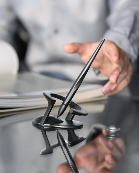 Hoverpen Interstellar Space Black Ballpoint Pen For Desk Aesthetic With Premium Futuristic Design and Smooth Precision Ink on display.