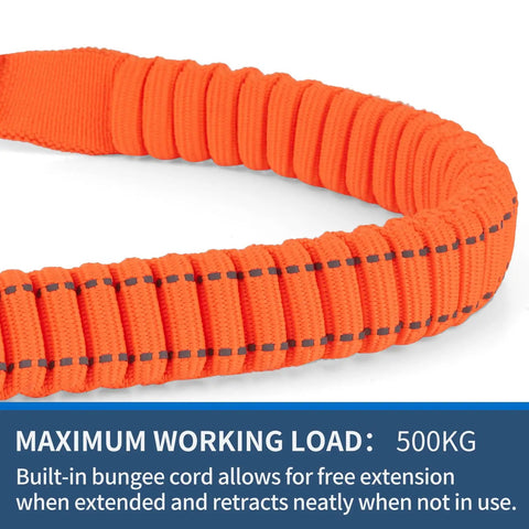 Close-up of orange Extended Bungee Chainsaw Strap with Long Snap Lanyard, highlighting flexible bungee material and heavy-duty stitching.