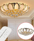 Dimmable Crystal Chandelier With Controller 23.5 Inch gold lotus-shaped flush mount LED ceiling lamp in living room.
