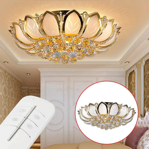 Dimmable Crystal Chandelier With Controller 23.5 Inch gold lotus-shaped flush mount LED ceiling lamp in living room.