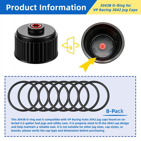 Eight Pack 3043B O Ring Kit For Fuel Jug Caps With Leak Proof Seal Compatible With 3042 Utility Jug Caps Durable Replacement O Rings For Quick Repairs And Reliable Long Lasting Sealing On Racing Fuel Jugs, showing 8 Buna-N O-rings for VP Racing 3042 caps.
