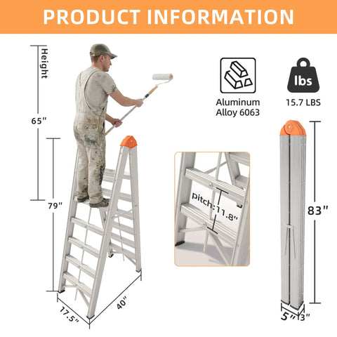 Foldable Twin Front A Frame 6 Step Ladder With Wide Anti Slip Pedals, compact aluminum ladder shown open with 65" height