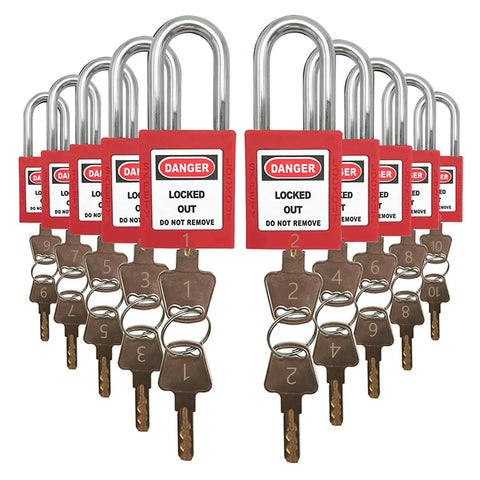 Lockout Tagout Kit With Ten Padlocks And Tags Key Alike One Through Ten OSHA Safety Locks In Durable Steel With Two Keys Per Lock