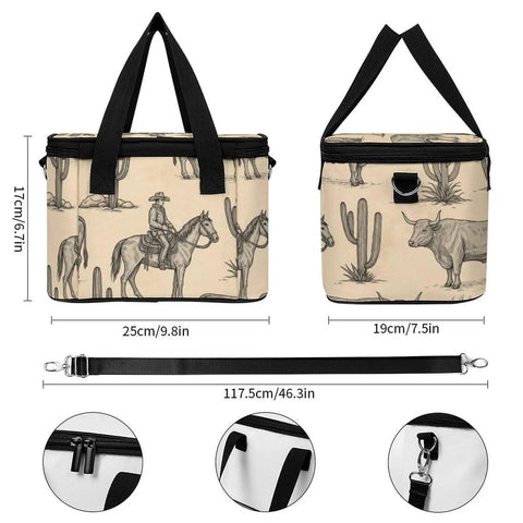 Insulated Lunch Box For Work And On The Go With Leakproof Construction And Removable Shoulder Strap, Western Cowboy Desert