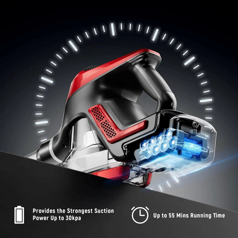 Heavy Duty Cordless Stick Vacuum With 45Kpa Beast Mode Suction And Smart Display, 1.5L Dust Bin, 40 Min Runtime, Lightweight Rechargeable Handheld For Pet Hair Carpet Hardwood Floors Cars Crimson, showcasing powerful suction and smart features.