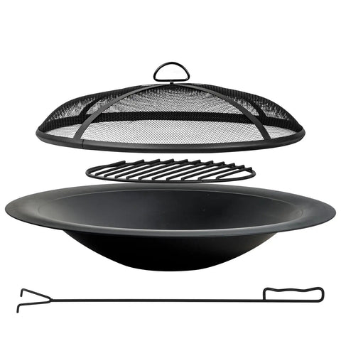 35 Inch Steel Fire Pit Bowl Built To Last For DIY Or Replacement, Includes Spark Screen And Fire Poker shown in pieces