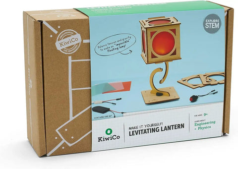 Levitating Lantern STEM Kit For Kids 9 Plus packaging displaying parts for building a floating wooden lantern using tensegrity.