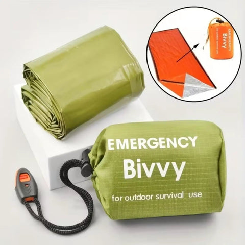 Emergency Thermal Sleeping Bag Kit With Drawstring Storage Pouch And Survival Whistle, Mylar Heat Retention, Waterproof