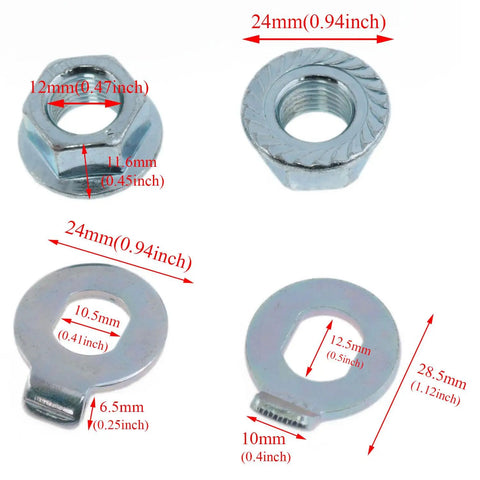 M12 Electric Bicycle Wheel Lock Nuts and Safety Washers Set for E Bike Hub Motors with detailed measurements, silver color