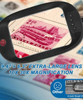Dual Lens Lighted Magnifier With Stand For Reading And Crafts, Extra Large 7 Inch Viewing Area, showing postage stamps beneath lens